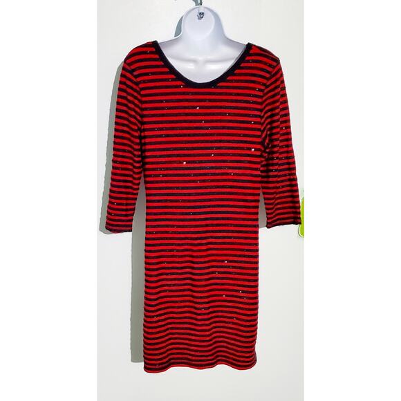 Express Womens Red Striped Sequin Mini Dress Size Large Bodycon Sexy Holidays - Picture 1 of 6